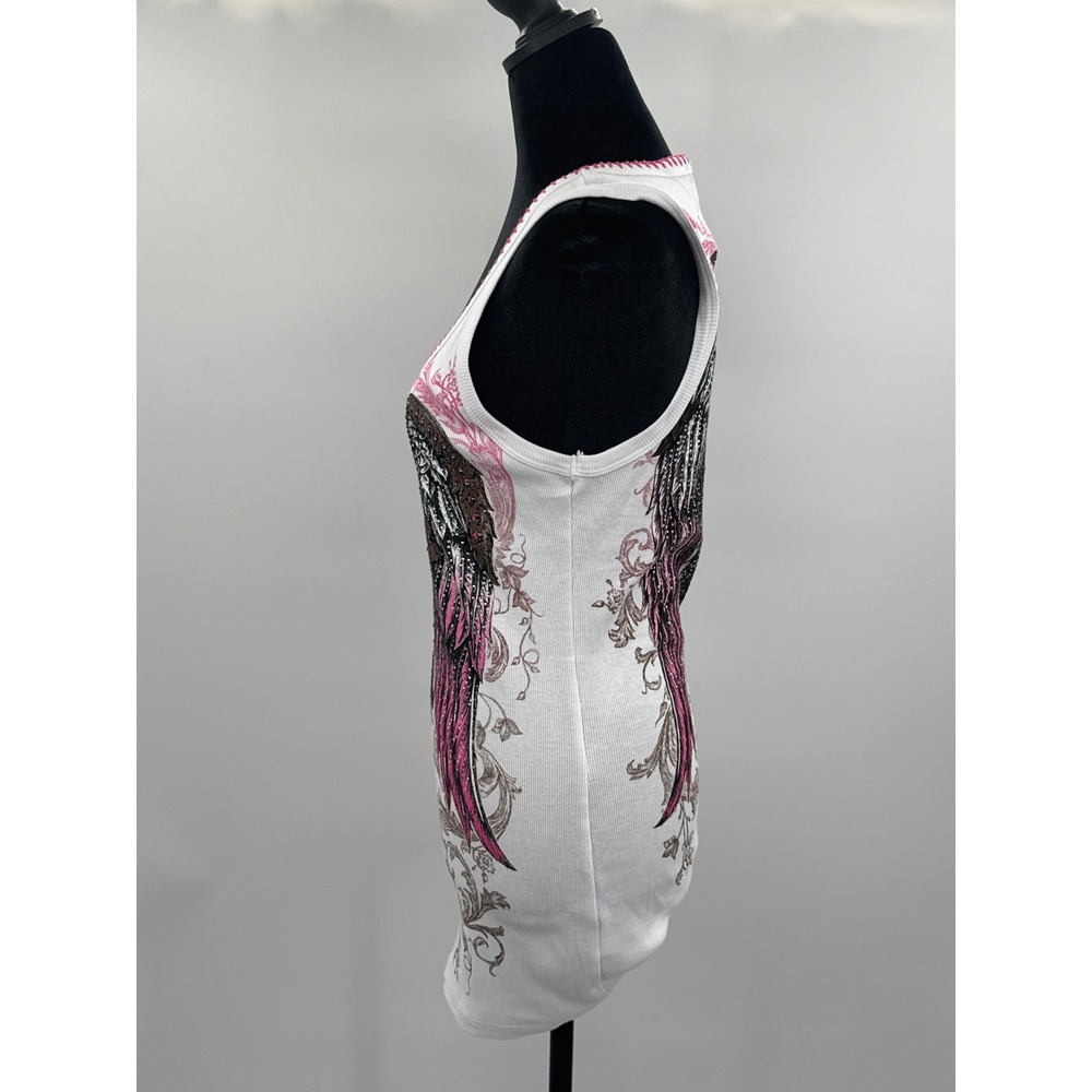 Vocal Womens Ribbed Tank Top White Pink Angel Wings Cross Rhinestone Y2K Large - Picture 4 of 8